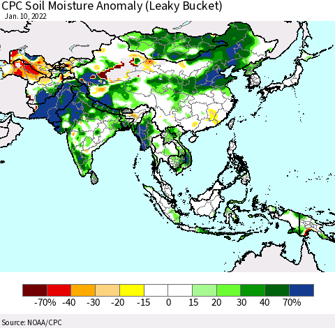 Asia CPC Soil Moisture Anomaly (Leaky Bucket) Thematic Map For 1/6/2022 - 1/10/2022
