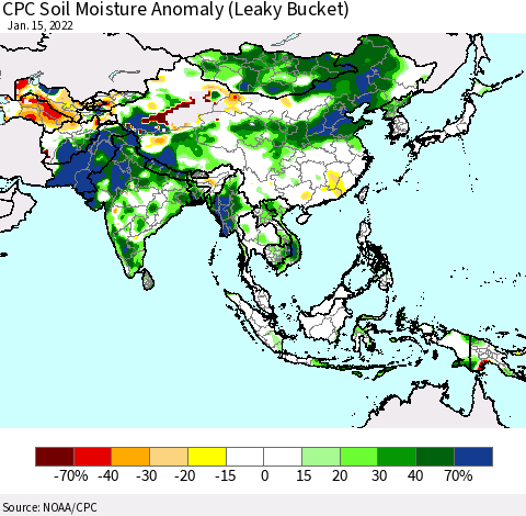 Asia CPC Soil Moisture Anomaly (Leaky Bucket) Thematic Map For 1/11/2022 - 1/15/2022