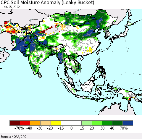 Asia CPC Soil Moisture Anomaly (Leaky Bucket) Thematic Map For 1/21/2022 - 1/25/2022