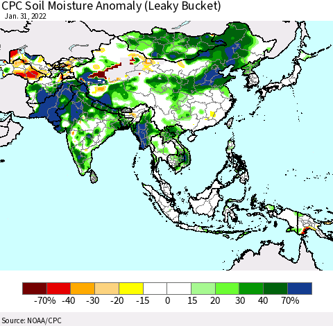 Asia CPC Soil Moisture Anomaly (Leaky Bucket) Thematic Map For 1/26/2022 - 1/31/2022