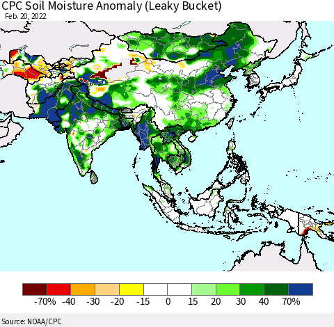 Asia CPC Soil Moisture Anomaly (Leaky Bucket) Thematic Map For 2/16/2022 - 2/20/2022