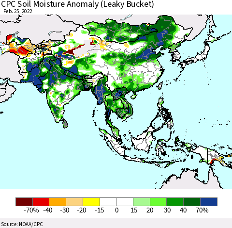 Asia CPC Soil Moisture Anomaly (Leaky Bucket) Thematic Map For 2/21/2022 - 2/25/2022
