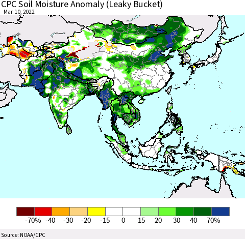 Asia CPC Soil Moisture Anomaly (Leaky Bucket) Thematic Map For 3/6/2022 - 3/10/2022