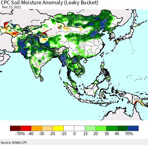 Asia CPC Soil Moisture Anomaly (Leaky Bucket) Thematic Map For 3/11/2022 - 3/15/2022