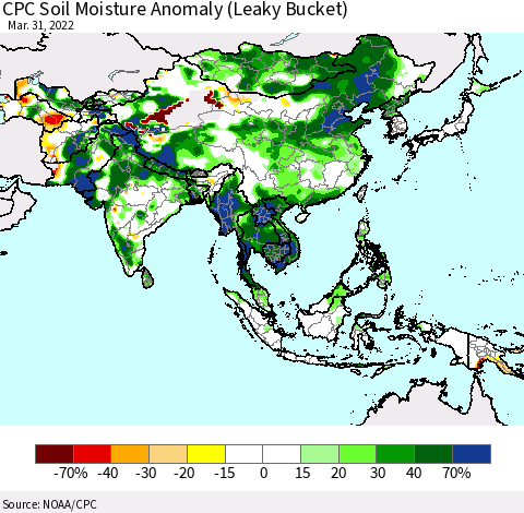 Asia CPC Soil Moisture Anomaly (Leaky Bucket) Thematic Map For 3/26/2022 - 3/31/2022