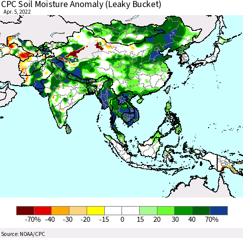 Asia CPC Soil Moisture Anomaly (Leaky Bucket) Thematic Map For 4/1/2022 - 4/5/2022