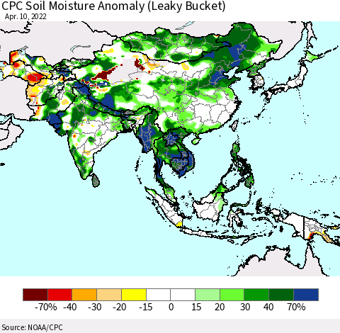Asia CPC Soil Moisture Anomaly (Leaky Bucket) Thematic Map For 4/6/2022 - 4/10/2022