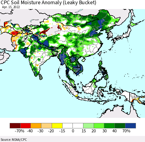 Asia CPC Soil Moisture Anomaly (Leaky Bucket) Thematic Map For 4/11/2022 - 4/15/2022