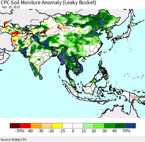 Asia CPC Soil Moisture Anomaly (Leaky Bucket) Thematic Map For 4/21/2022 - 4/25/2022