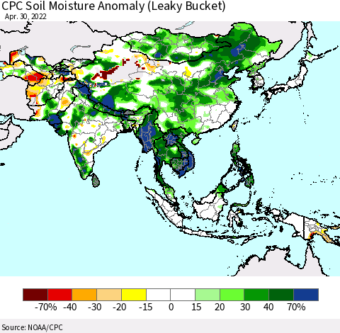 Asia CPC Soil Moisture Anomaly (Leaky Bucket) Thematic Map For 4/26/2022 - 4/30/2022