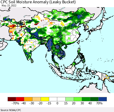Asia CPC Soil Moisture Anomaly (Leaky Bucket) Thematic Map For 5/11/2022 - 5/15/2022