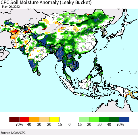 Asia CPC Soil Moisture Anomaly (Leaky Bucket) Thematic Map For 5/16/2022 - 5/20/2022