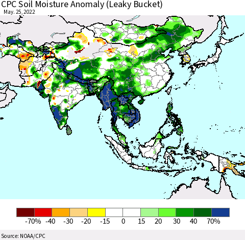 Asia CPC Soil Moisture Anomaly (Leaky Bucket) Thematic Map For 5/21/2022 - 5/25/2022