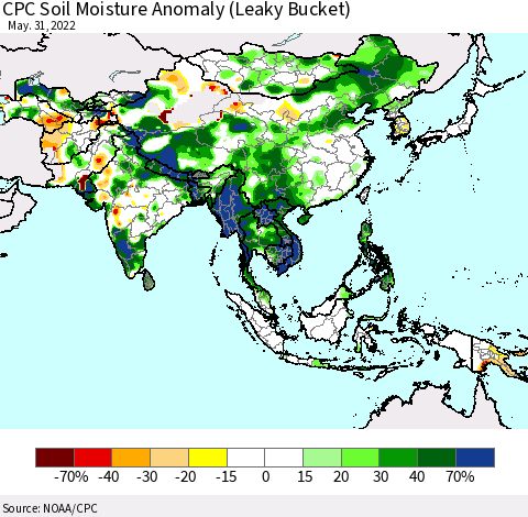 Asia CPC Soil Moisture Anomaly (Leaky Bucket) Thematic Map For 5/26/2022 - 5/31/2022