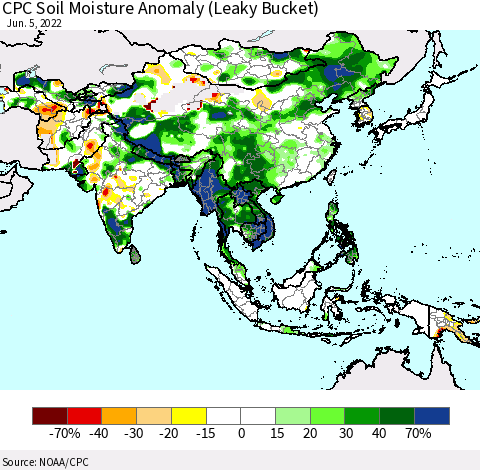 Asia CPC Soil Moisture Anomaly (Leaky Bucket) Thematic Map For 6/1/2022 - 6/5/2022