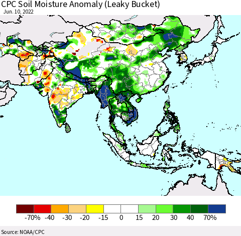 Asia CPC Soil Moisture Anomaly (Leaky Bucket) Thematic Map For 6/6/2022 - 6/10/2022