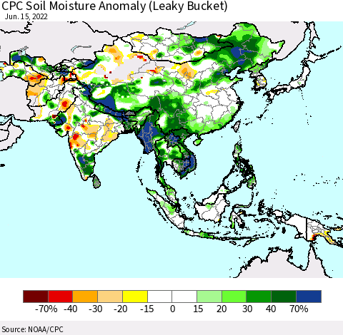 Asia CPC Soil Moisture Anomaly (Leaky Bucket) Thematic Map For 6/11/2022 - 6/15/2022