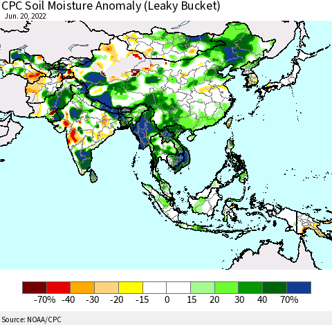 Asia CPC Soil Moisture Anomaly (Leaky Bucket) Thematic Map For 6/16/2022 - 6/20/2022