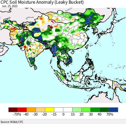 Asia CPC Soil Moisture Anomaly (Leaky Bucket) Thematic Map For 6/21/2022 - 6/25/2022