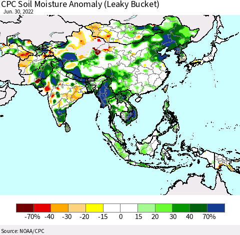 Asia CPC Soil Moisture Anomaly (Leaky Bucket) Thematic Map For 6/26/2022 - 6/30/2022