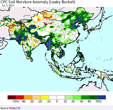 Asia CPC Soil Moisture Anomaly (Leaky Bucket) Thematic Map For 7/1/2022 - 7/5/2022
