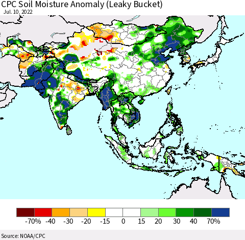 Asia CPC Soil Moisture Anomaly (Leaky Bucket) Thematic Map For 7/6/2022 - 7/10/2022