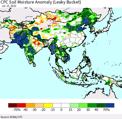 Asia CPC Soil Moisture Anomaly (Leaky Bucket) Thematic Map For 7/11/2022 - 7/15/2022