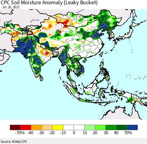 Asia CPC Soil Moisture Anomaly (Leaky Bucket) Thematic Map For 7/16/2022 - 7/20/2022