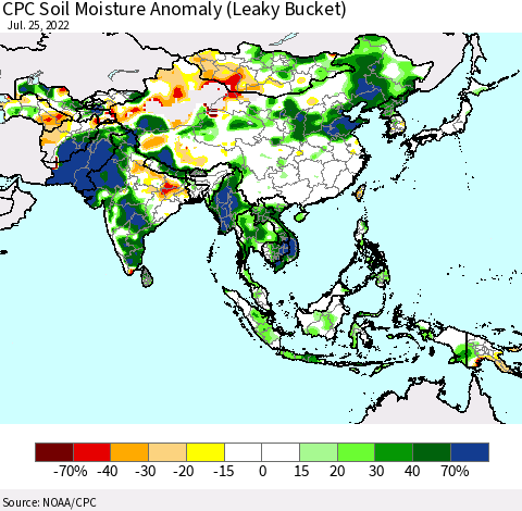 Asia CPC Soil Moisture Anomaly (Leaky Bucket) Thematic Map For 7/21/2022 - 7/25/2022