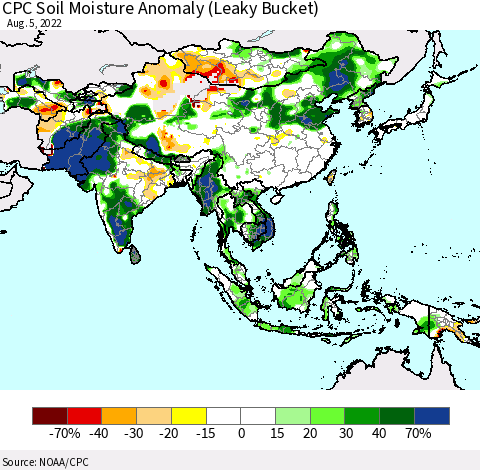 Asia CPC Soil Moisture Anomaly (Leaky Bucket) Thematic Map For 8/1/2022 - 8/5/2022