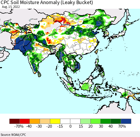 Asia CPC Soil Moisture Anomaly (Leaky Bucket) Thematic Map For 8/11/2022 - 8/15/2022