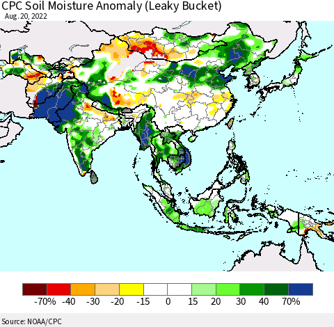 Asia CPC Soil Moisture Anomaly (Leaky Bucket) Thematic Map For 8/16/2022 - 8/20/2022
