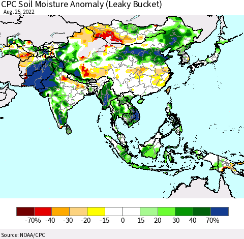 Asia CPC Soil Moisture Anomaly (Leaky Bucket) Thematic Map For 8/21/2022 - 8/25/2022