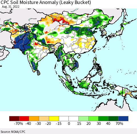 Asia CPC Soil Moisture Anomaly (Leaky Bucket) Thematic Map For 8/26/2022 - 8/31/2022