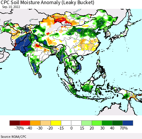 Asia CPC Soil Moisture Anomaly (Leaky Bucket) Thematic Map For 9/6/2022 - 9/10/2022