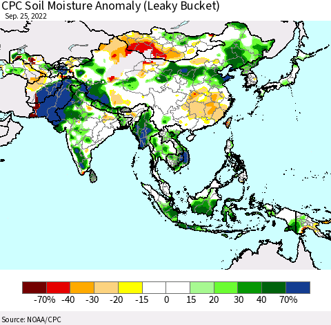 Asia CPC Soil Moisture Anomaly (Leaky Bucket) Thematic Map For 9/21/2022 - 9/25/2022