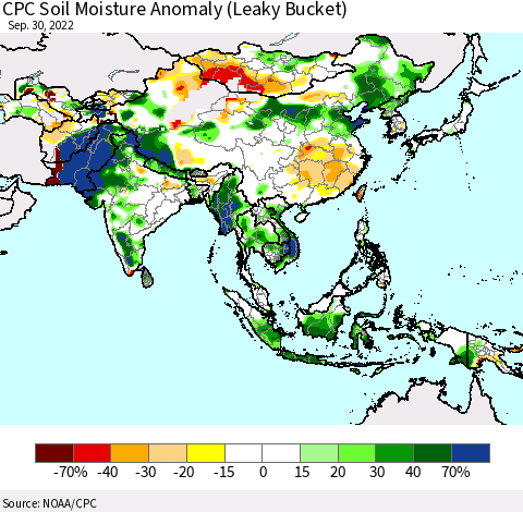 Asia CPC Soil Moisture Anomaly (Leaky Bucket) Thematic Map For 9/26/2022 - 9/30/2022