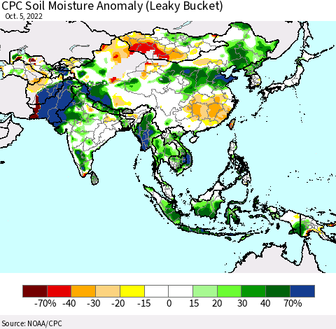 Asia CPC Soil Moisture Anomaly (Leaky Bucket) Thematic Map For 10/1/2022 - 10/5/2022