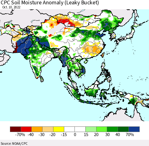 Asia CPC Soil Moisture Anomaly (Leaky Bucket) Thematic Map For 10/6/2022 - 10/10/2022