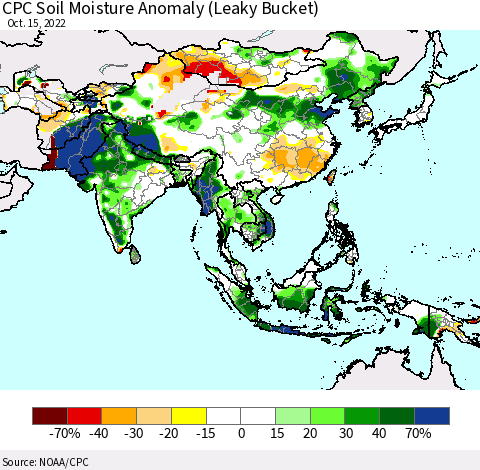 Asia CPC Soil Moisture Anomaly (Leaky Bucket) Thematic Map For 10/11/2022 - 10/15/2022