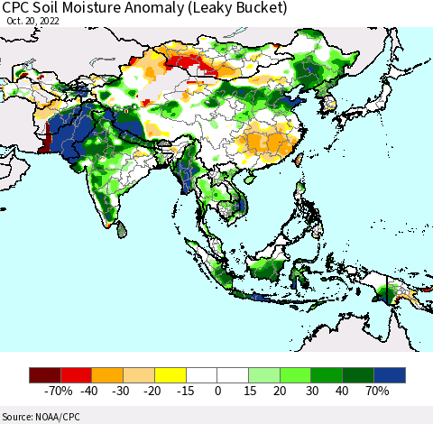 Asia CPC Soil Moisture Anomaly (Leaky Bucket) Thematic Map For 10/16/2022 - 10/20/2022