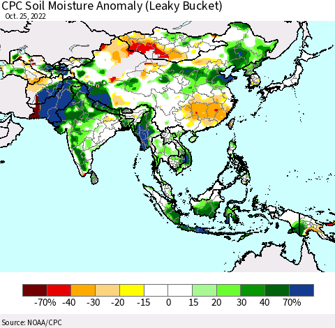 Asia CPC Soil Moisture Anomaly (Leaky Bucket) Thematic Map For 10/21/2022 - 10/25/2022