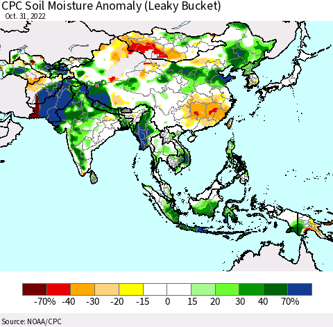 Asia CPC Soil Moisture Anomaly (Leaky Bucket) Thematic Map For 10/26/2022 - 10/31/2022
