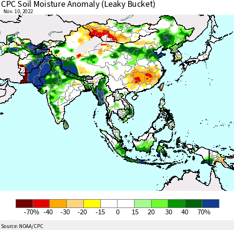 Asia CPC Soil Moisture Anomaly (Leaky Bucket) Thematic Map For 11/6/2022 - 11/10/2022