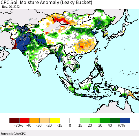 Asia CPC Soil Moisture Anomaly (Leaky Bucket) Thematic Map For 11/16/2022 - 11/20/2022
