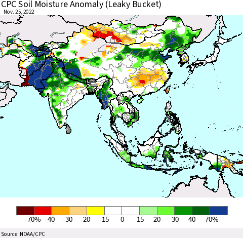 Asia CPC Soil Moisture Anomaly (Leaky Bucket) Thematic Map For 11/21/2022 - 11/25/2022