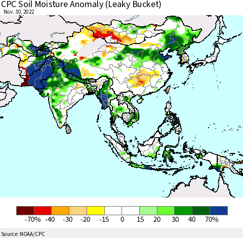 Asia CPC Soil Moisture Anomaly (Leaky Bucket) Thematic Map For 11/26/2022 - 11/30/2022