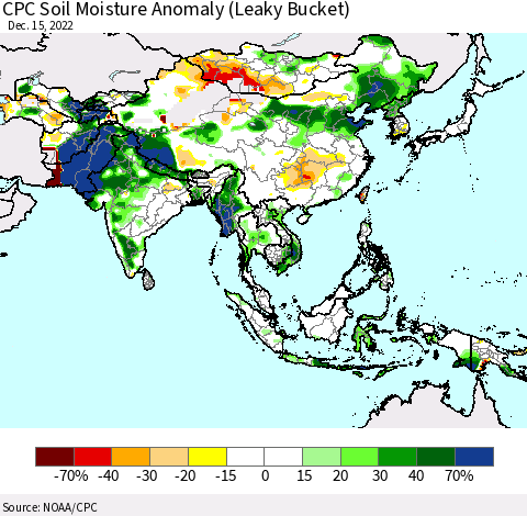 Asia CPC Soil Moisture Anomaly (Leaky Bucket) Thematic Map For 12/11/2022 - 12/15/2022