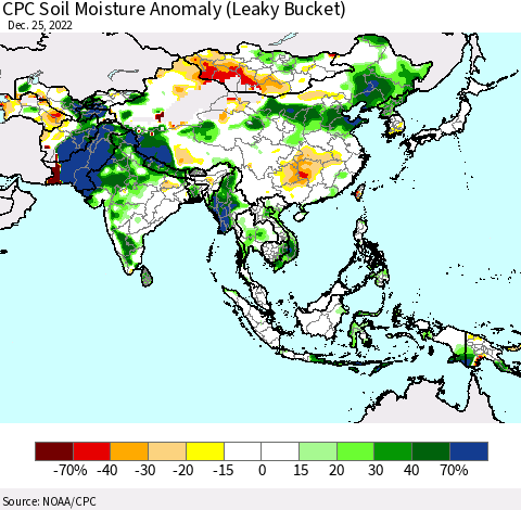 Asia CPC Soil Moisture Anomaly (Leaky Bucket) Thematic Map For 12/21/2022 - 12/25/2022