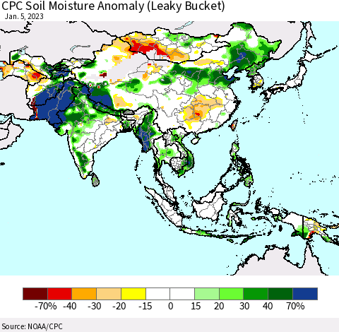 Asia CPC Soil Moisture Anomaly (Leaky Bucket) Thematic Map For 1/1/2023 - 1/5/2023